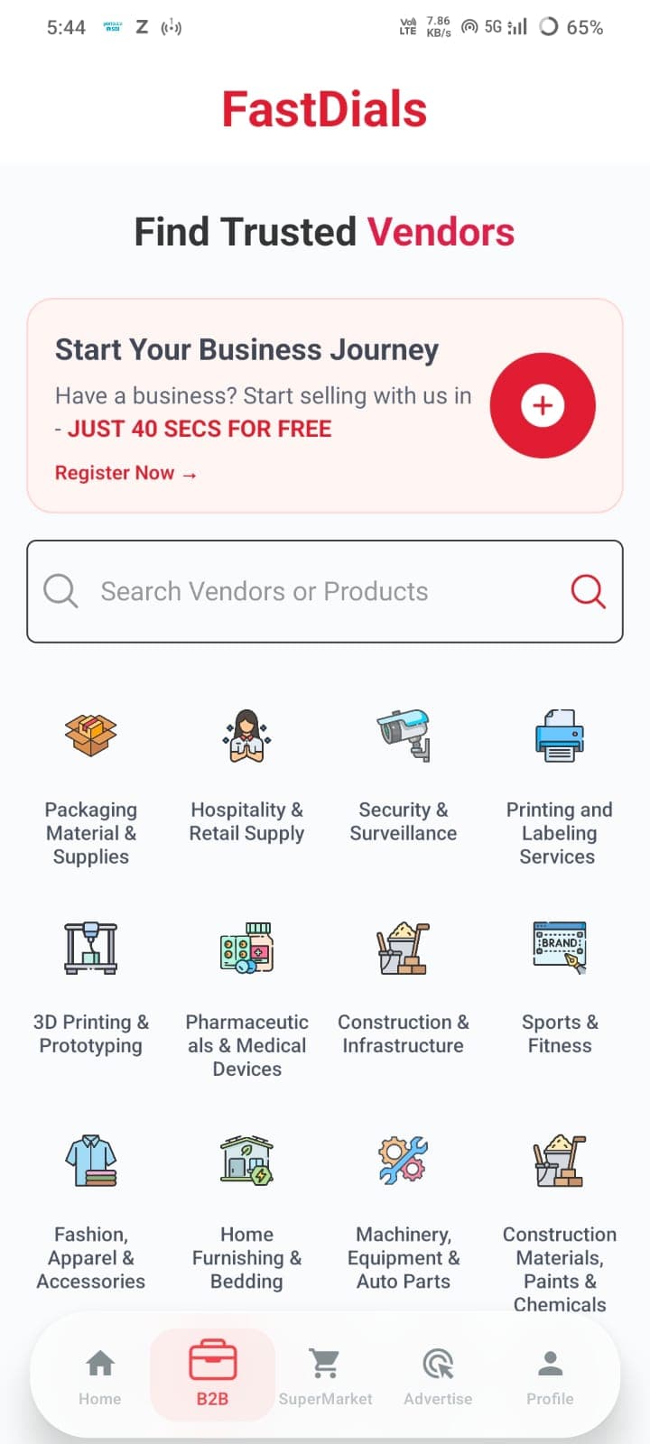 FastDials app B2B marketplace screen